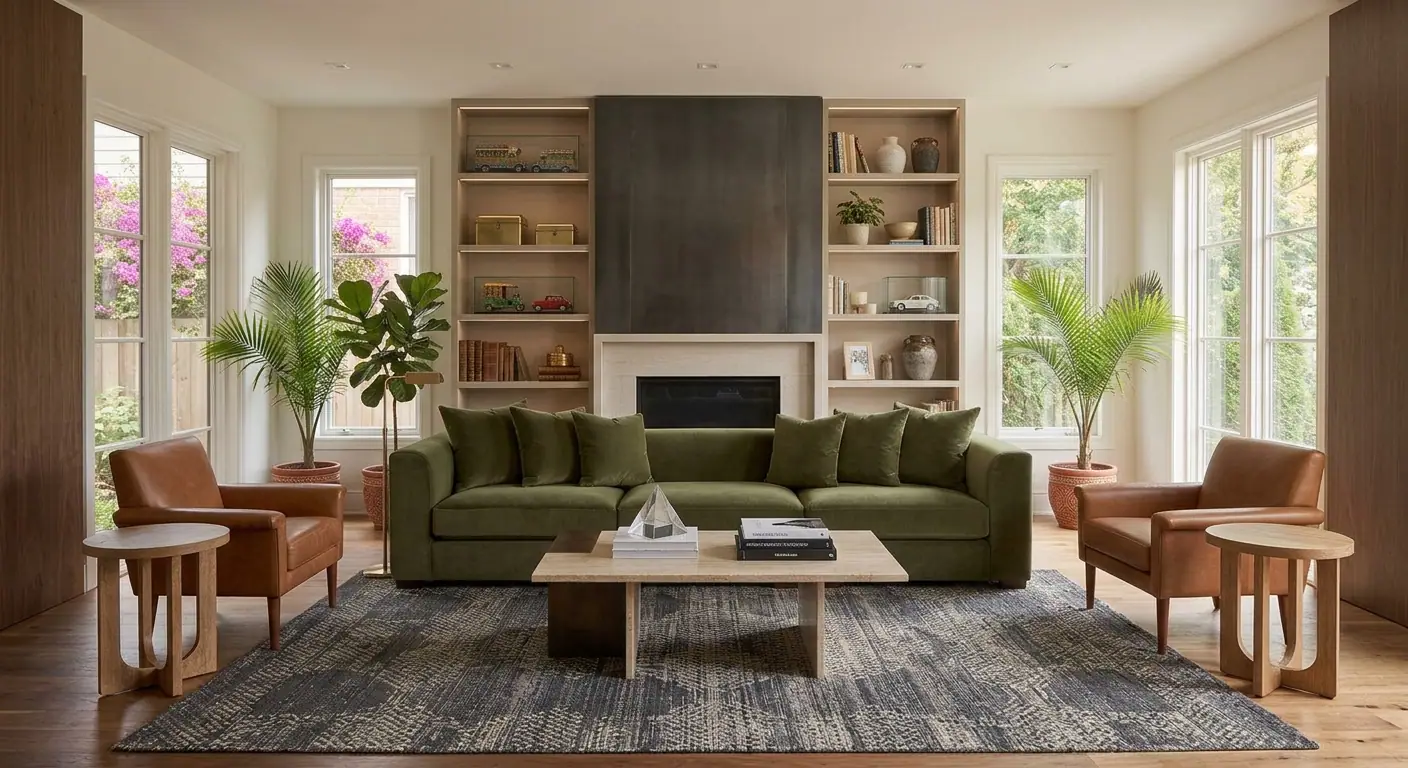 A welcoming lounge with a green sofa and leather armchairs