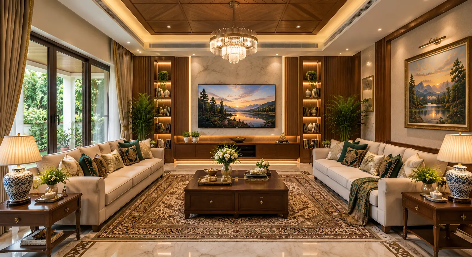 A symmetrical living room with cream sofas facing a carved wooden centre table